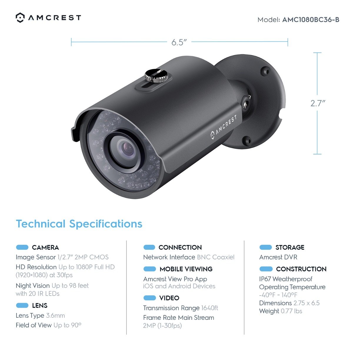 Amcrest ACD-830B 1080P Car Camera & DVR with Nightvision, Motion
