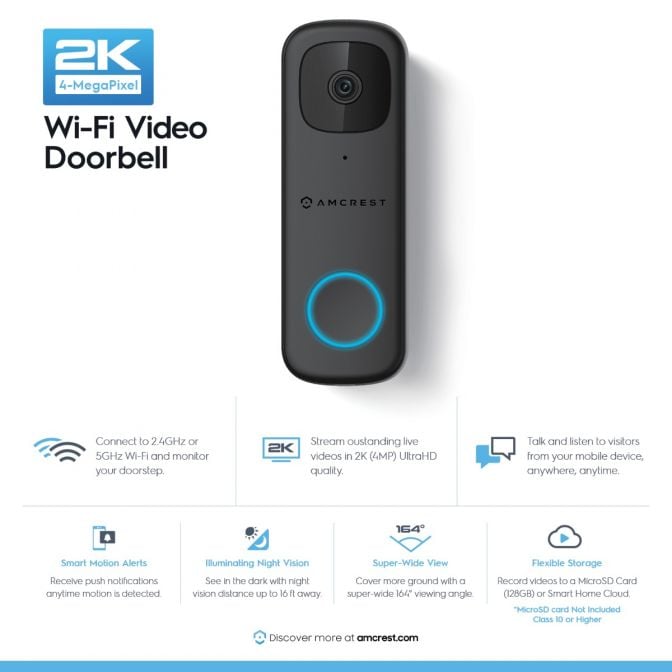 Amcrest 4-Megapixel Video Doorbell Camera Pro, Outdoor Smart Home 2.4GHz  and 5GHz Wireless WiFi Doorbell Camera, Micro SD Card, PIR Motion Detector,  IP65 Weatherproof, 2-Way Audio, 164º Wide-Angle Wi-Fi AD410