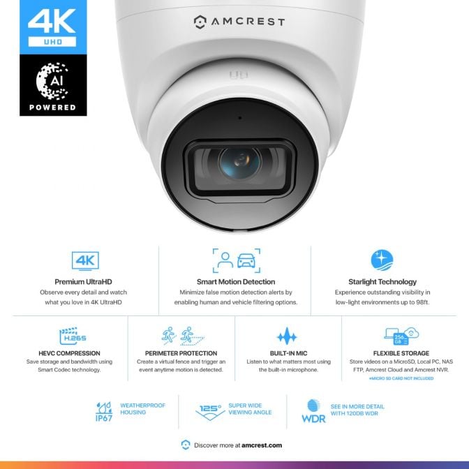 Amcrest UltraHD 4K (8MP) Outdoor Security IP Turret PoE Camera, 3840x2160, 98ft NightVision, 2.8mm Lens, IP67 Weatherproof, MicroSD Recording (256GB), White (IP8M-T2599EW-AI-V3) Amcrest UltraHD 4K (8MP) Outdoor Security IP Turret PoE Camera, 3840x2160, 98ft NightVision, 2.8mm Lens, IP67 Weatherproof, MicroSD Recording (256GB), White (IP8M-T2599EW-AI-V3)