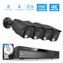 Amcrest 4K Security Camera System, 4K 8CH PoE NVR, (4) x 4K Night Color Bullet POE IP Cameras, Active Deterrent, Pre-Installed 2TB Hard Drive, NV4108E-2796EB4-2TB (Black)