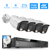 Amcrest 4K Security Camera System, 4K 8CH PoE NVR, (4) x 4K Night Color Bullet POE IP Cameras, Active Deterrent, Pre-Installed 2TB Hard Drive, NV4108E-2796EW4-2TB (White)