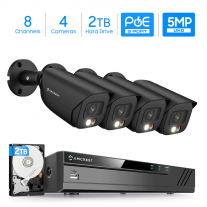 Amcrest 5MP Security Camera System, 4K 8CH PoE NVR, (4) x 5-Megapixel Night Color Bullet POE IP Cameras, Active Deterrent, Pre-Installed 2TB Hard Drive, NV4108E-B1276EB4-2TB (Black)