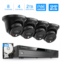 Amcrest 5MP Security Camera System, 4K 8CH PoE NVR, (4) x 5-Megapixel Night Color Turret POE IP Cameras, Active Deterrent, Pre-Installed 2TB Hard Drive, NV4108E-T1277EB4-2TB (Black)