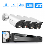Amcrest 5MP Security Camera System, 4K 8CH PoE NVR, (4) x 5-Megapixel Night Color Bullet POE IP Cameras, Active Deterrent, Pre-Installed 2TB Hard Drive, NV4108E-B1276EW4-2TB (White)
