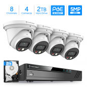Amcrest 5MP Security Camera System, 4K 8CH PoE NVR, (4) x 5-Megapixel Night Color Turret POE IP Cameras, Active Deterrent, Pre-Installed 2TB Hard Drive, NV4108E-T1277EW4-2TB (White)