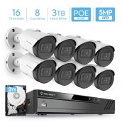 Amcrest 5MP Security Camera System, 4K 16CH (8-Port PoE) NVR, (8) x 5MP 2.8mm Wide Lens Metal Bullet PoE IP Cameras, Pre-Installed 3TB Hard Drive, NV4116E-IP5M-B1186EW8-3TB (White)