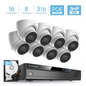 Amcrest 5MP Security Camera System, 4K 16CH (8-Port PoE) NVR, (8) x 5MP 2.8mm Wide Lens Metal Turret PoE IP Cameras, Built-in Mic, Pre-Installed 3TB Hard Drive, NV4116E-IP5M-T1179EW8-3TB (White)