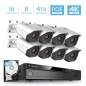 Amcrest 4K Security Camera System with 4K (8MP) 16-Channel (8-Port PoE) NVR & Eight x 4K (8-Megapixel) IP67 Weatherproof Metal Bullet POE IP Cameras (3840x2160P), Pre-Installed 4TB Hard Drive, NV4116E-IP8M-2496EW8-4TB (White) 