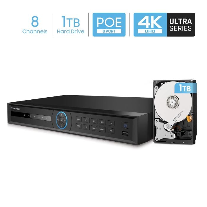 8-Port PoE - Supports up to 8 x 4K IP Cameras Pre-Installed 1TB Hard Drive Network Video Recorder Amcrest 4K NV5208E-1TB 8CH 1080P/3MP/4MP/5MP/6MP/4K/12MP 